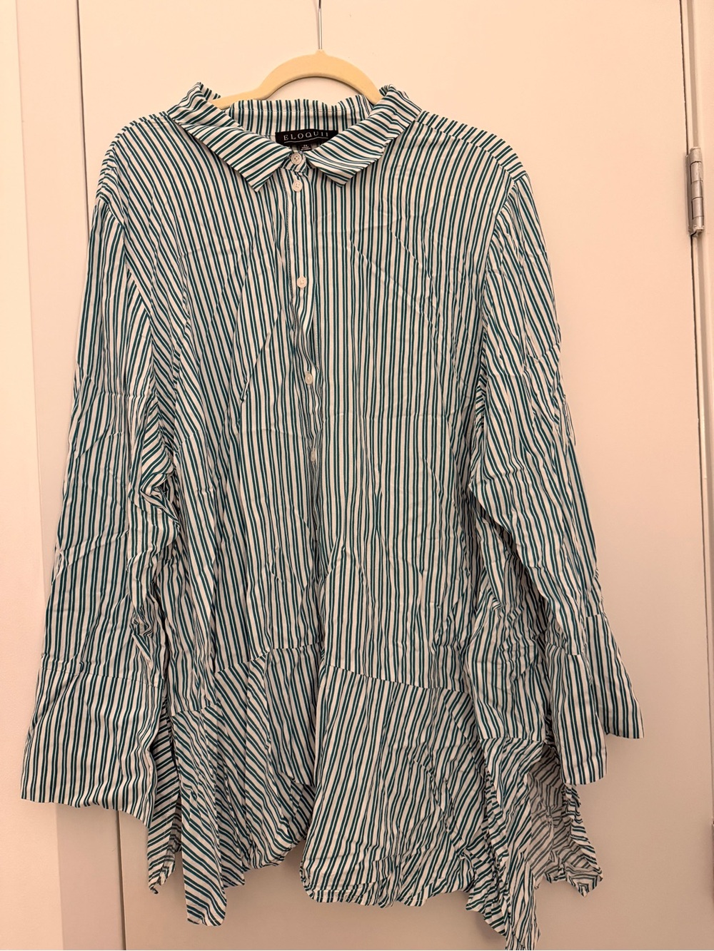 Eloquii Green and White Striped Button-Down Shirt